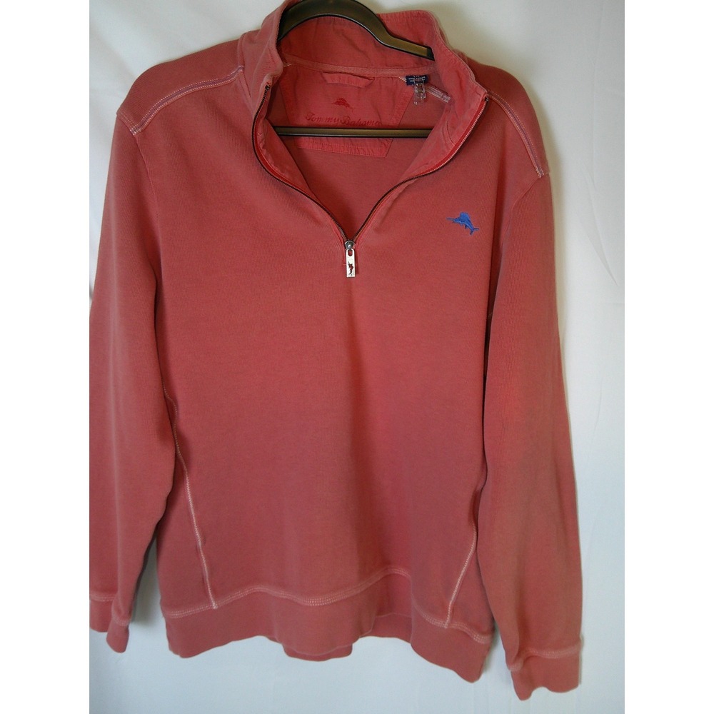 Tommy Bahama Mens Coral Red Ribbed Quarter Zip Pullover Marlin‎ Logo Size Large